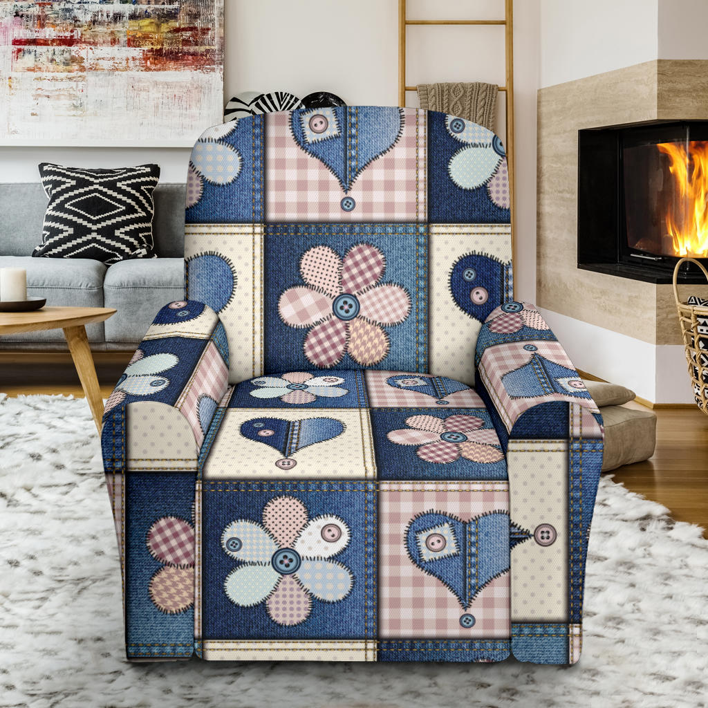 Patchwork Heart Flower Pattern Print Design 01 Recliner Slipcover with Pocket