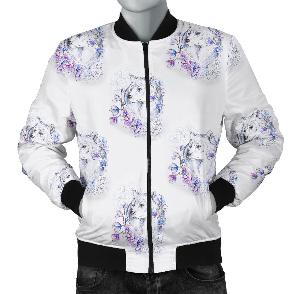 Wolf with Flower Print Design Men Bomber Jacket