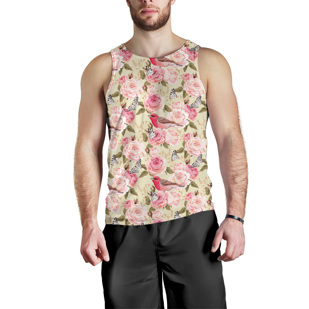 Bird Butterfly Pink Flower Print Pattern Men Tank Top