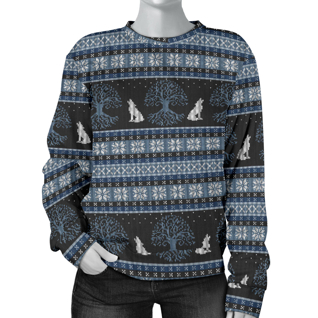 Wolf Tree of Life Knit Design Print Women Long Sleeve Sweatshirt