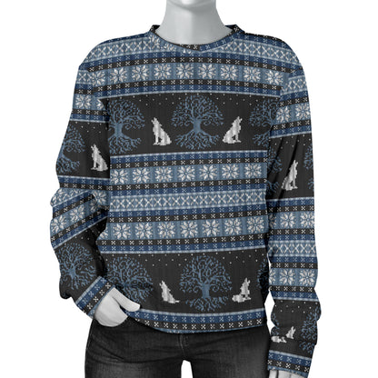 Wolf Tree of Life Knit Design Print Women Long Sleeve Sweatshirt