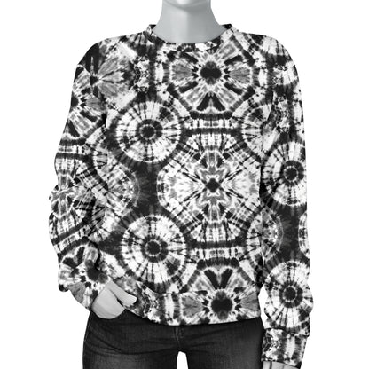 Tie Dye Black White Design Print Women Long Sleeve Sweatshirt
