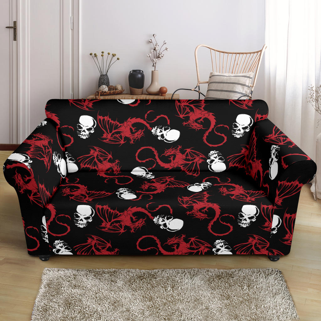 Skull With Red Dragon Print Design LKS304 Loveseat Couch Slipcover