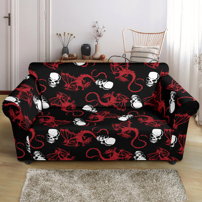 Skull With Red Dragon Print Design LKS304 Loveseat Couch Slipcover