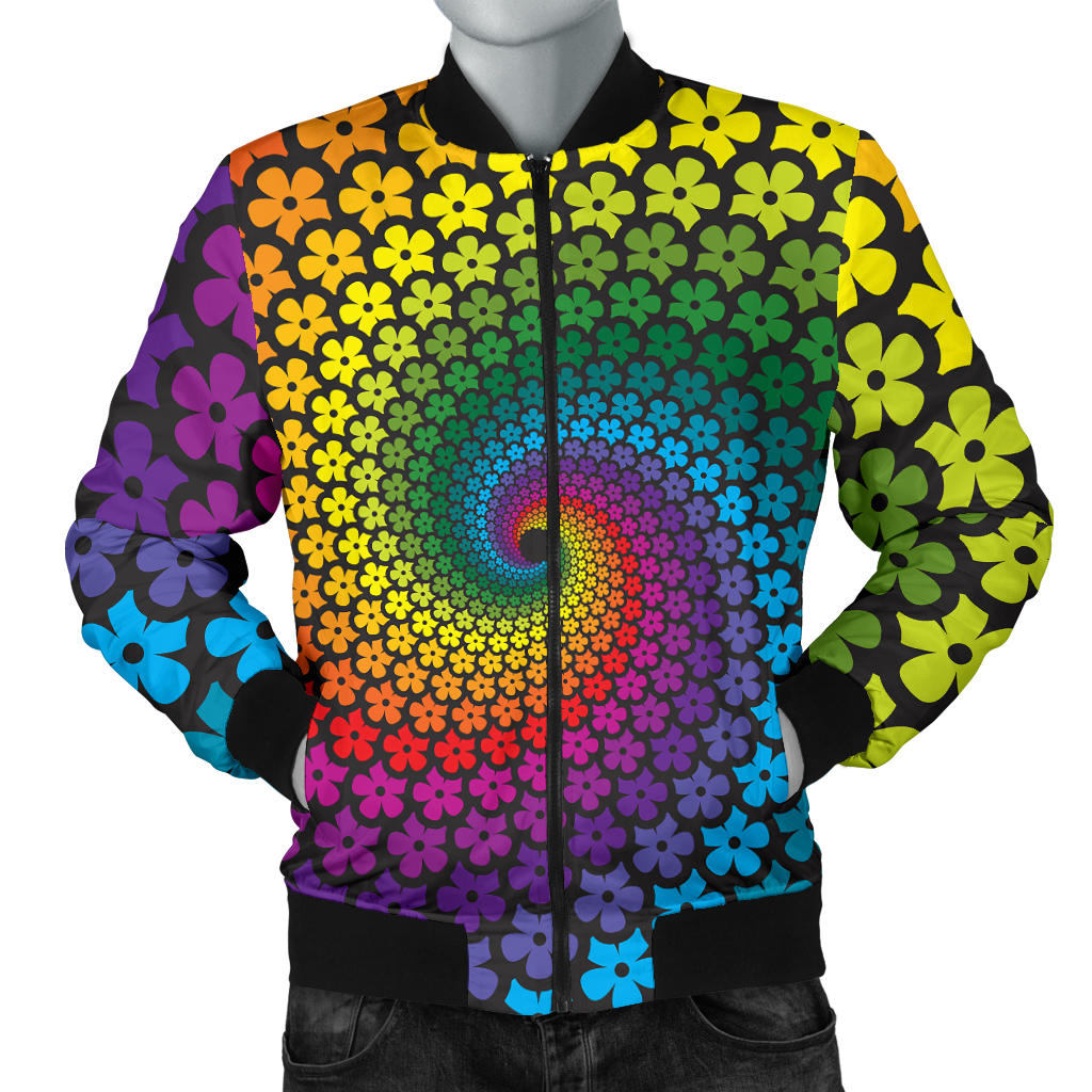 Flower Power Rainbow Spiral Print Men Bomber Jacket