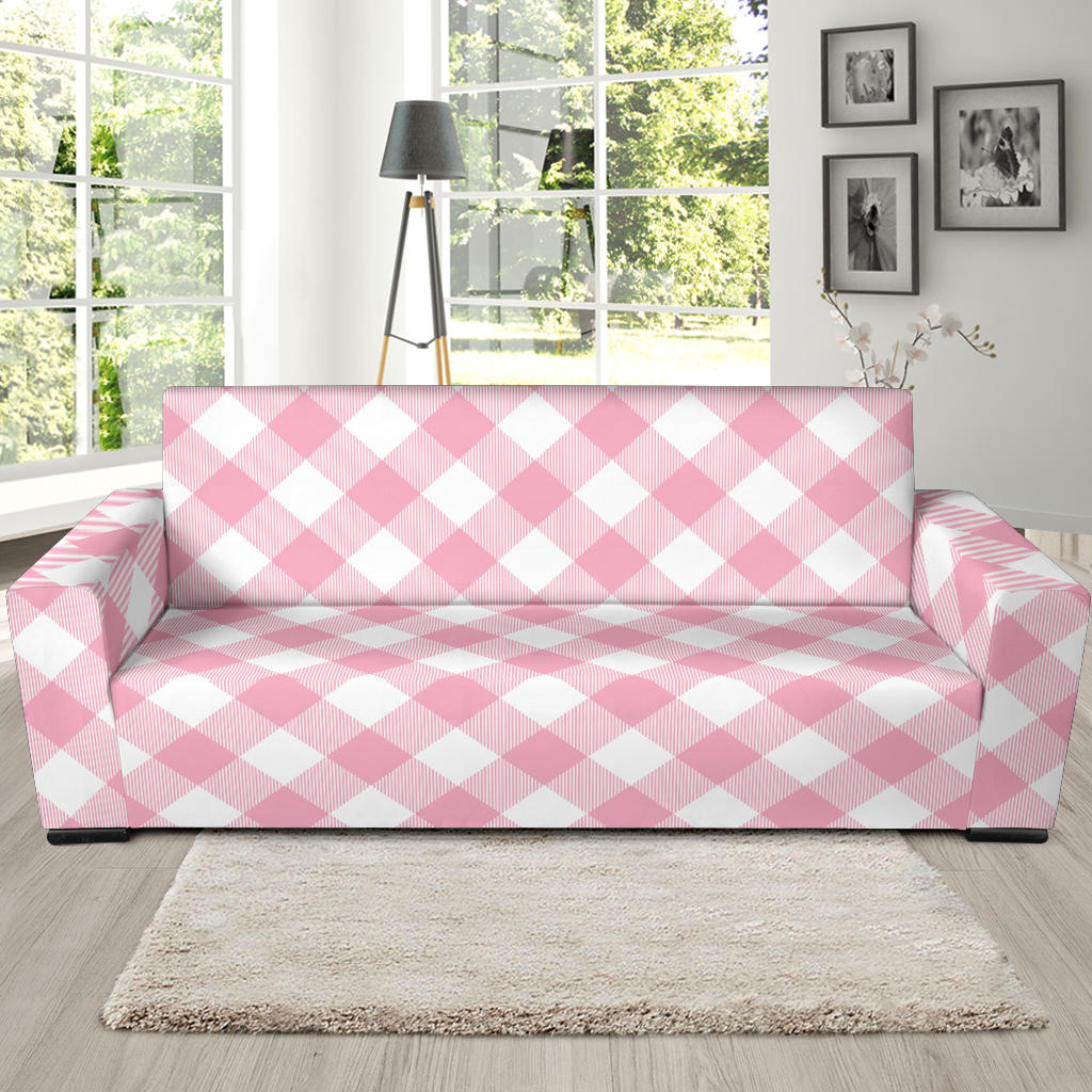 Gingham Pink Pattern Print Design 02 Sofa Slipcover