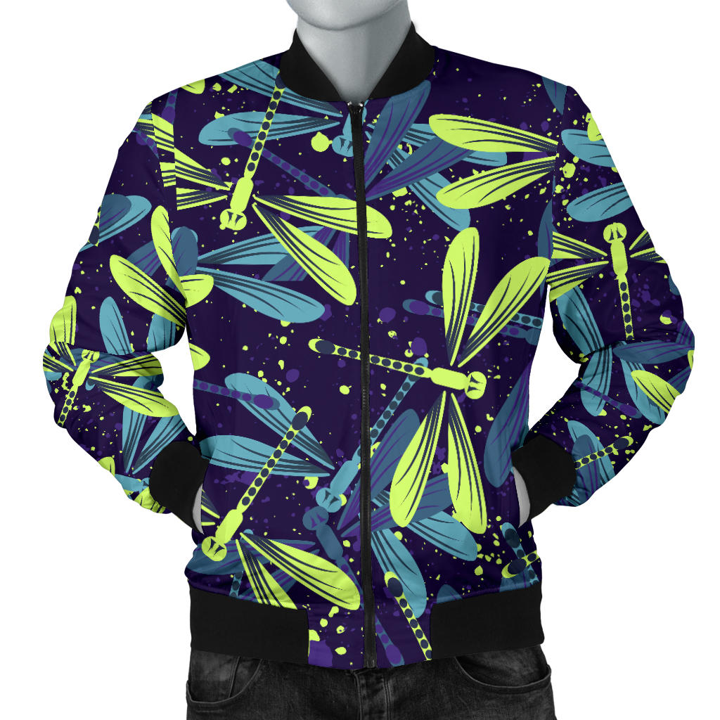 Dragonfly Lime Blue Print Pattern Men Bomber Jacket