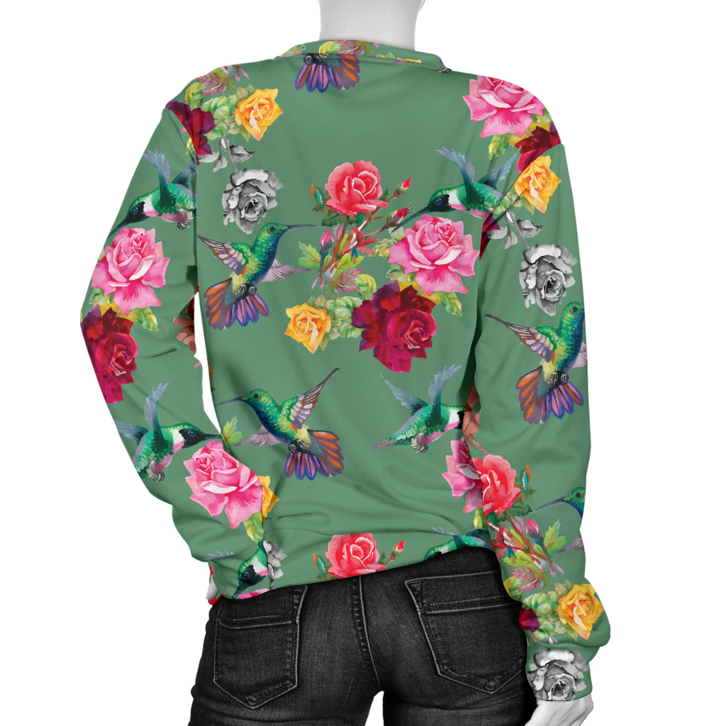 Hummingbird with Rose Themed Print Women Long Sleeve Sweatshirt