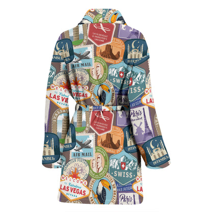 Travel Stamp Print Design LKS301 Women Bathrobe