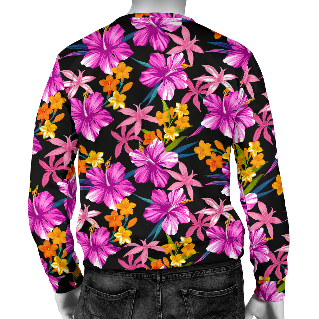 Tropical Folower Pink Hibiscus Print Men Long Sleeve Sweatshirt