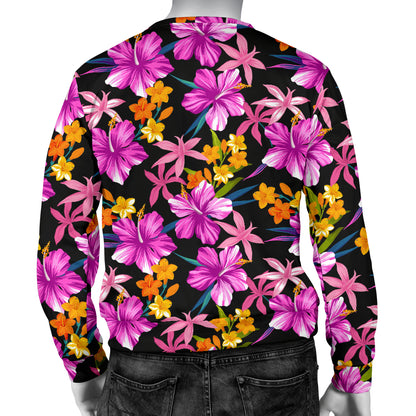Tropical Folower Pink Hibiscus Print Men Long Sleeve Sweatshirt