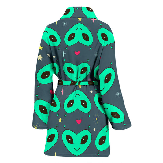 Alien Head Heart Pattern Print Design 03 Women Bathrobe