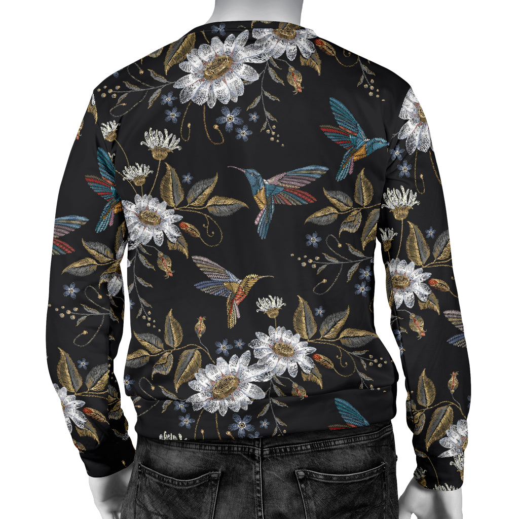 Hummingbird with Embroidery Themed Print Men Long Sleeve Sweatshirt