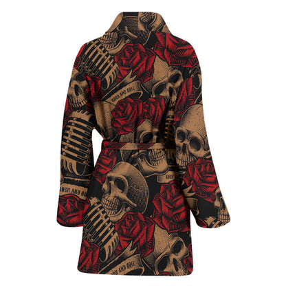 Microphone Skull Rose Pattern Print Design 02 Women Bathrobe