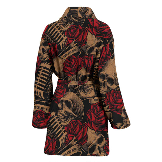 Microphone Skull Rose Pattern Print Design 02 Women Bathrobe