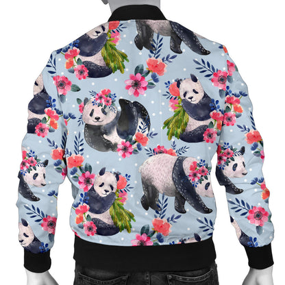 Panda Bear Flower Design Themed Print Men Bomber Jacket