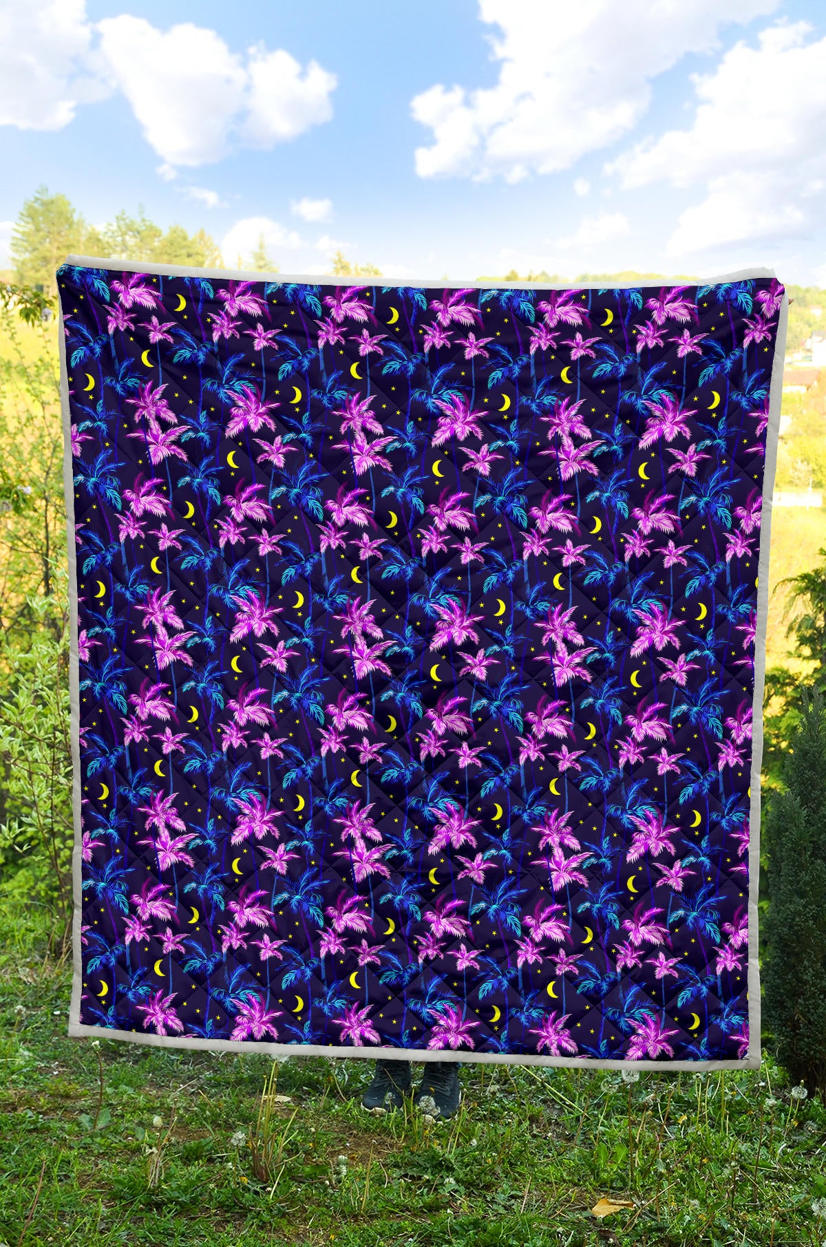 Palm Tree Night Scene Design Print Quilt Bedspread