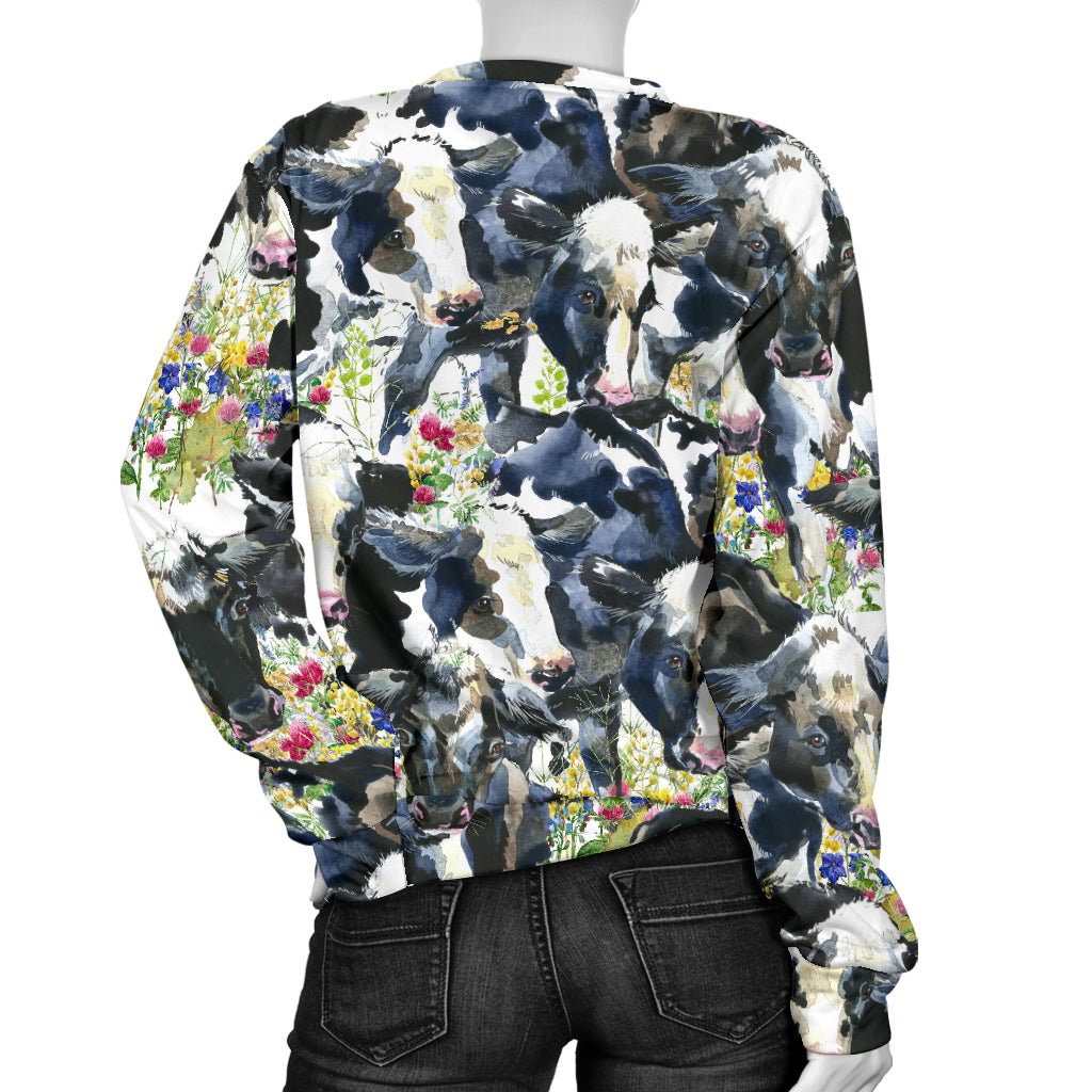 Cow Watercolor Print Pattern Women Long Sleeve Sweatshirt