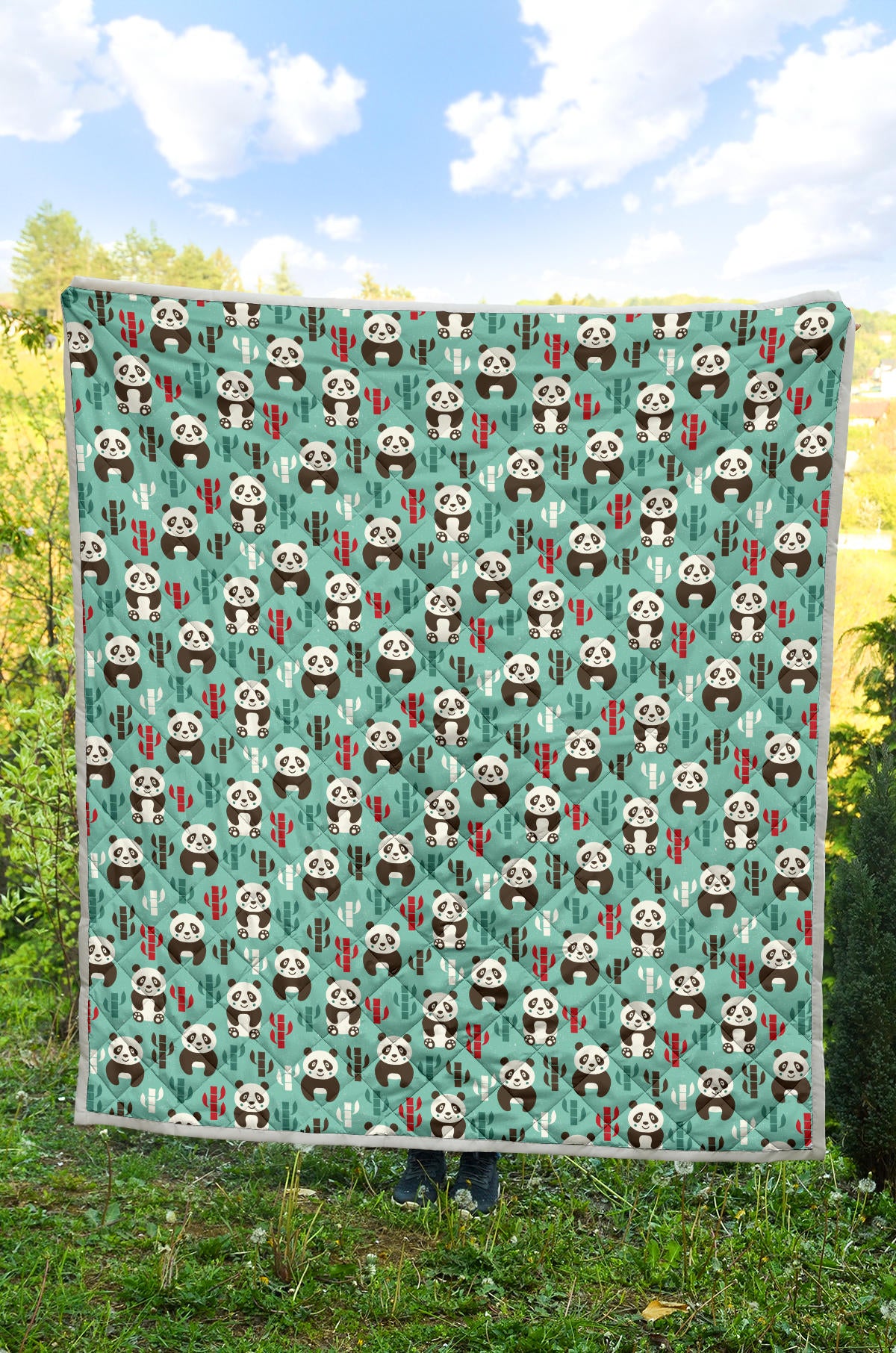 Panda Bear Cute Themed Print Quilt Bedspread