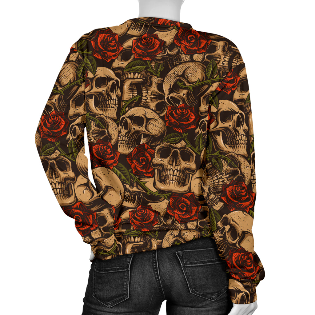 Skull Roses Vintage Design Themed Print Women Long Sleeve Sweatshirt