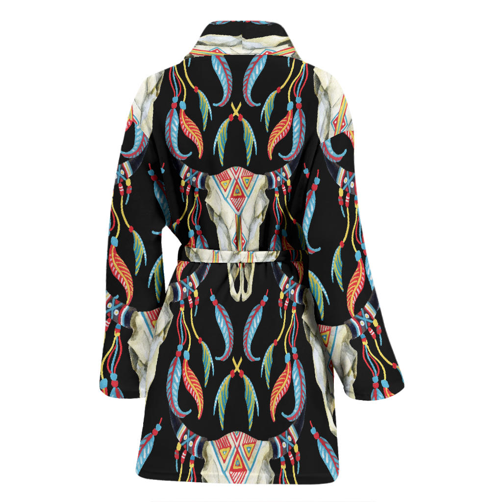 Buffalo Head Boho Style Pattern Print Design 01 Women Bathrobe