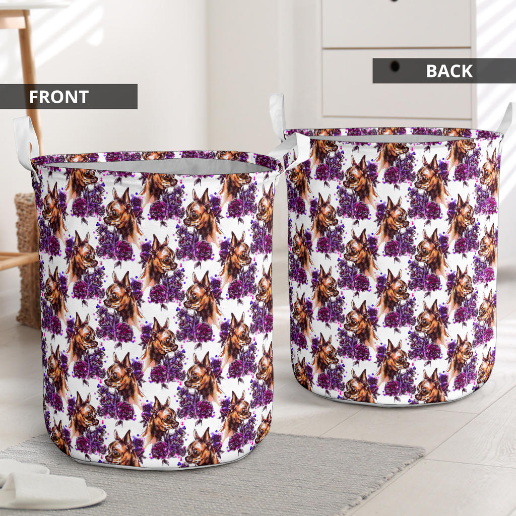 Chihuahua Purple Floral Laundry Basket