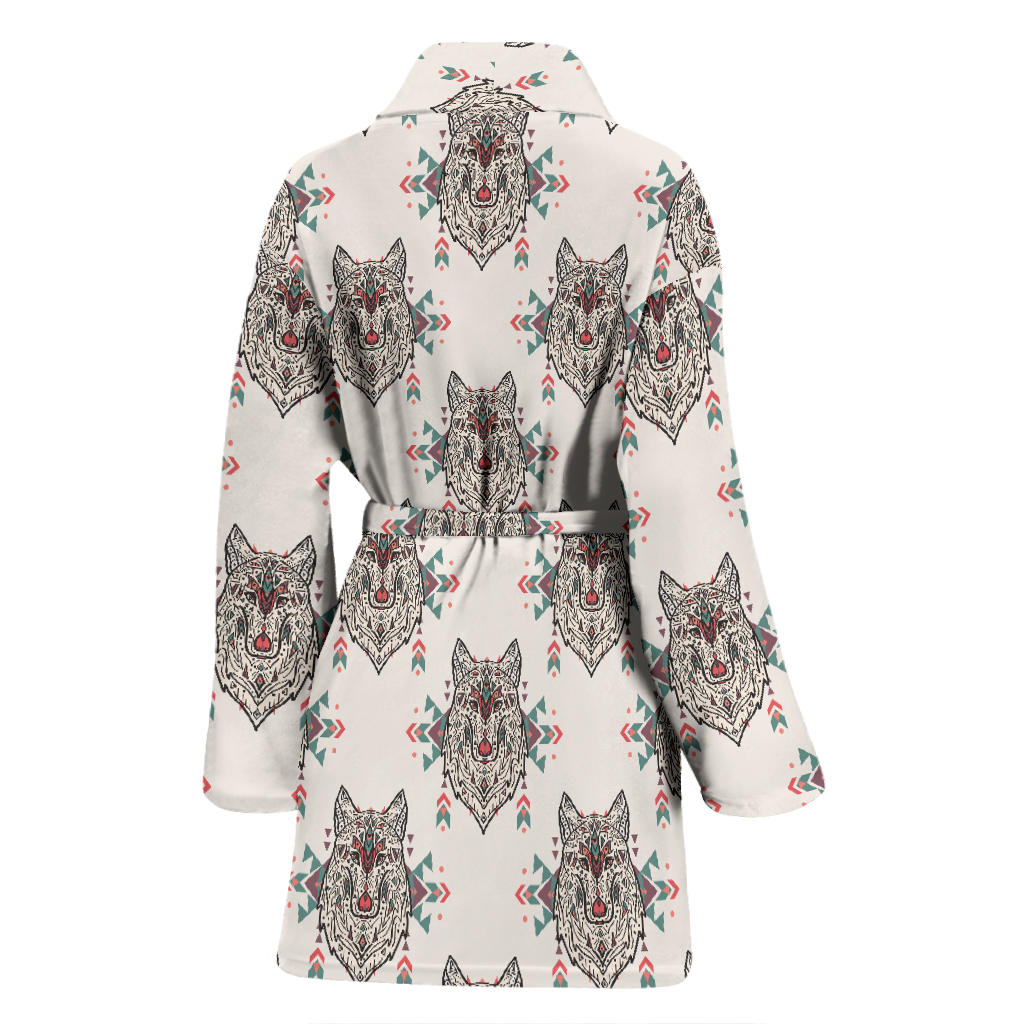 Aztec Wolf Pattern Print Design 01 Women Bathrobe