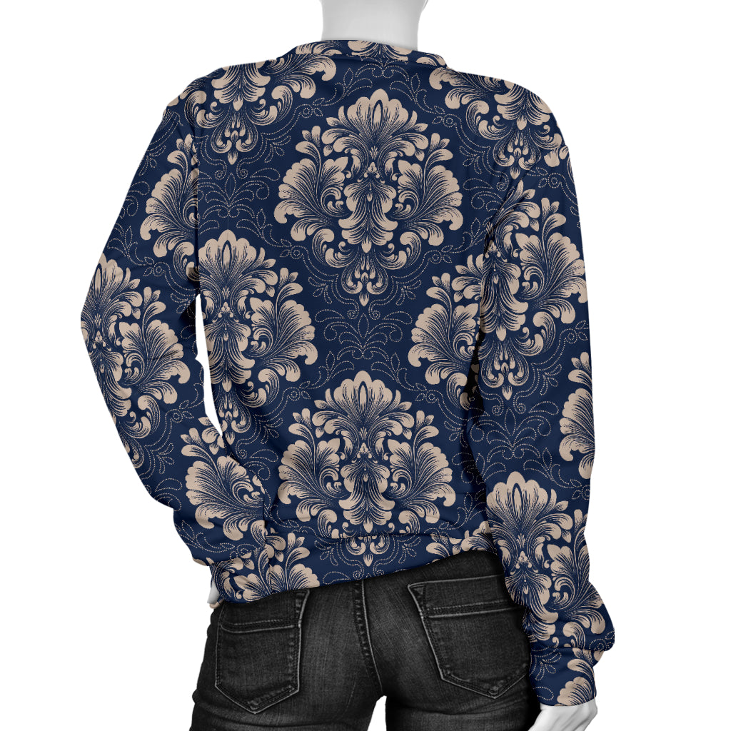 Damask Blue Luxury Print Pattern Women Long Sleeve Sweatshirt