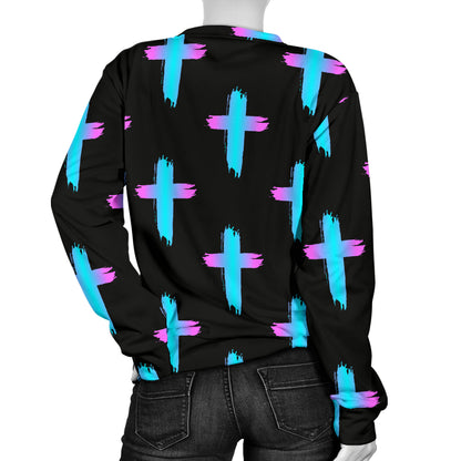 Christian Cross neon Pattern Women Long Sleeve Sweatshirt