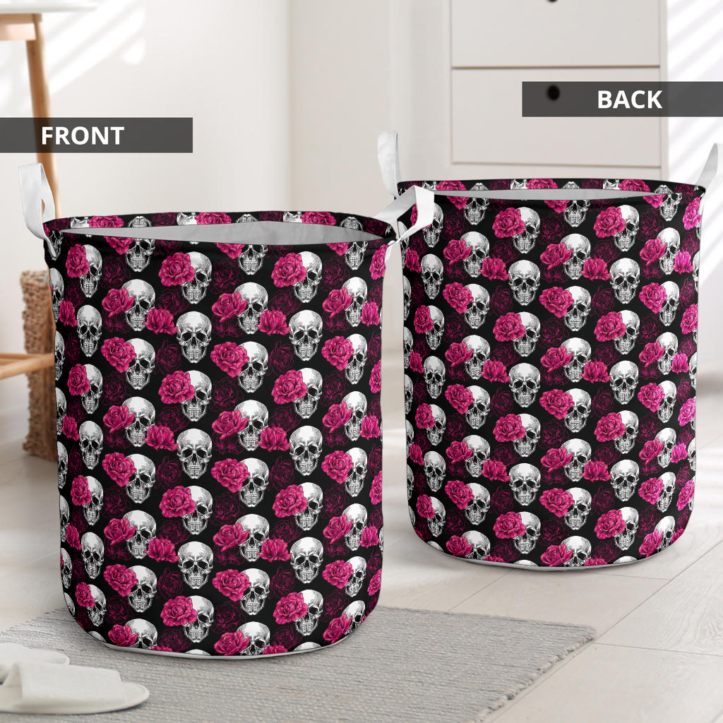 Pink Rose Skull Themed Print Laundry Basket