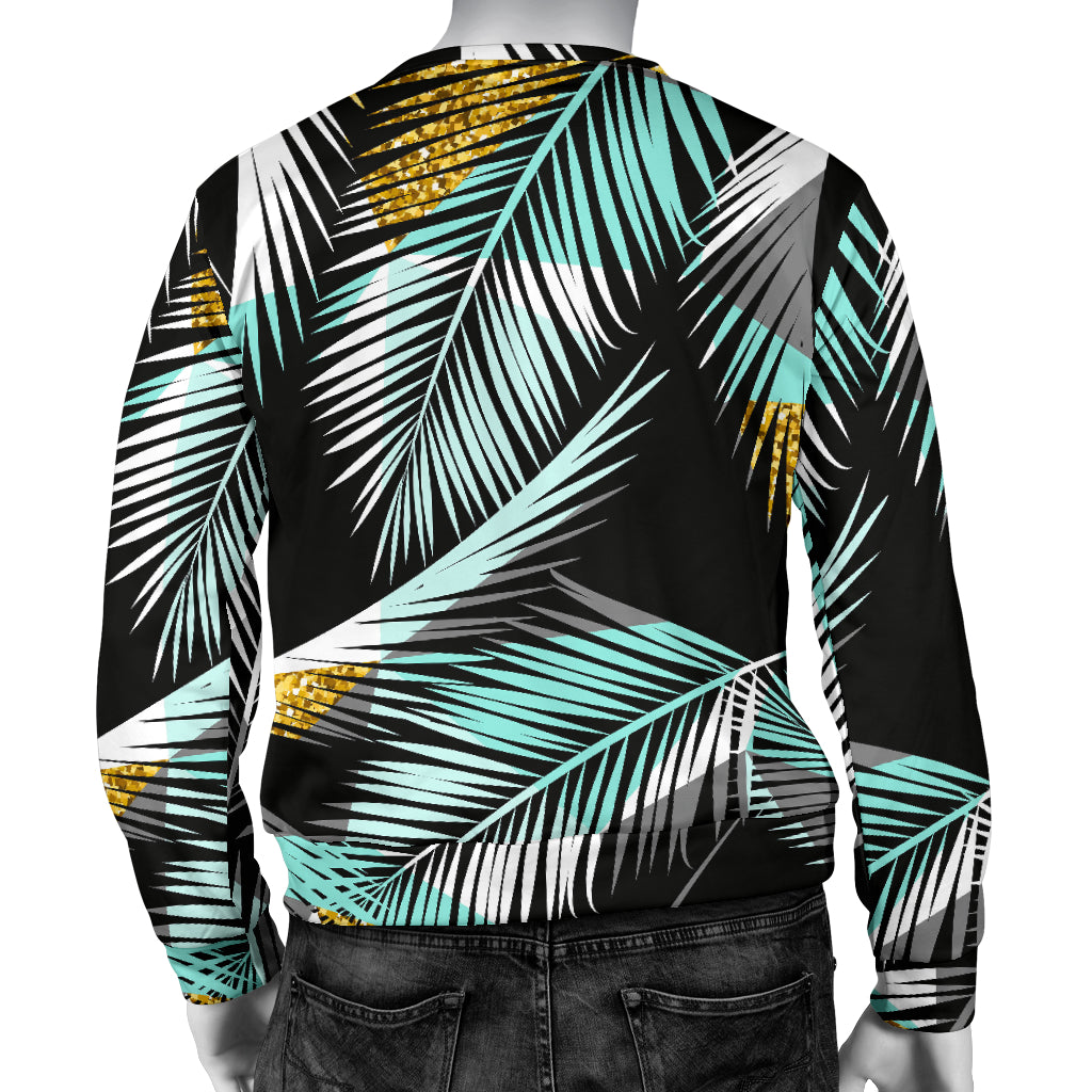 Gold Glitter Cyan Tropical Palm Leaves Men Long Sleeve Sweatshirt