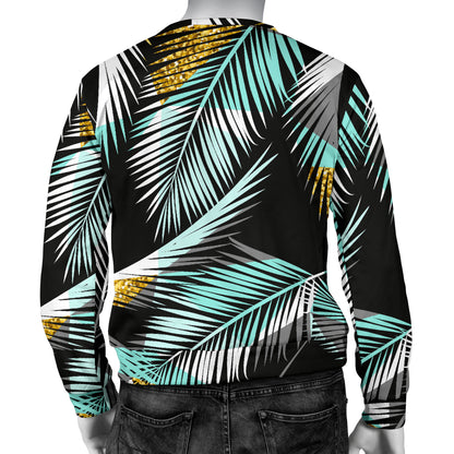 Gold Glitter Cyan Tropical Palm Leaves Men Long Sleeve Sweatshirt