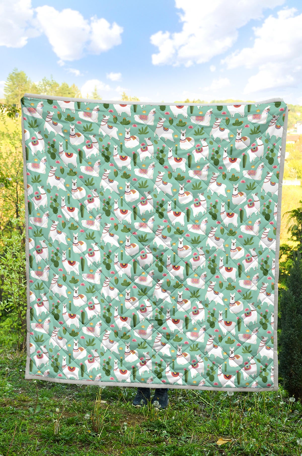 Llama with Cactus Themed Print Quilt Bedspread