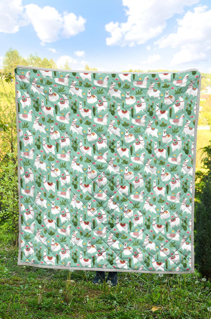 Llama with Cactus Themed Print Quilt Bedspread