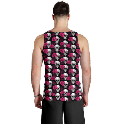 Pink Rose Skull Themed Print Men Tank Top
