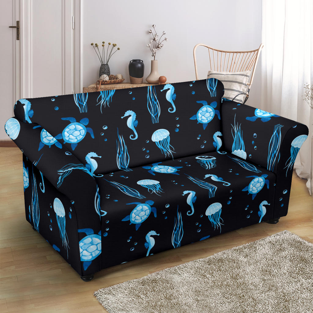 Sea Turtle Jelly Fish Sea Horse Print Design LKS3014 Loveseat Couch Slipcover