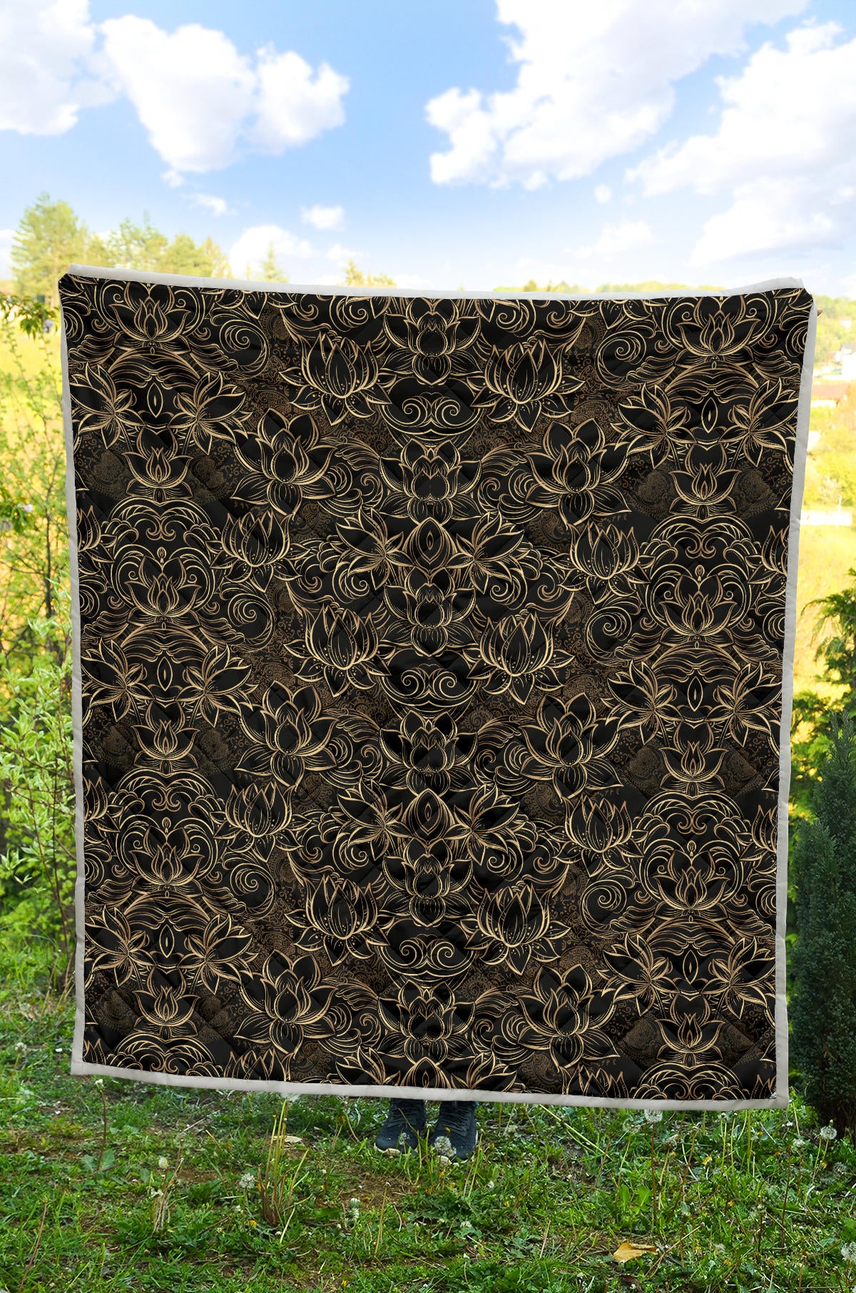 Lotus Gold Mandala Design Themed Quilt Bedspread