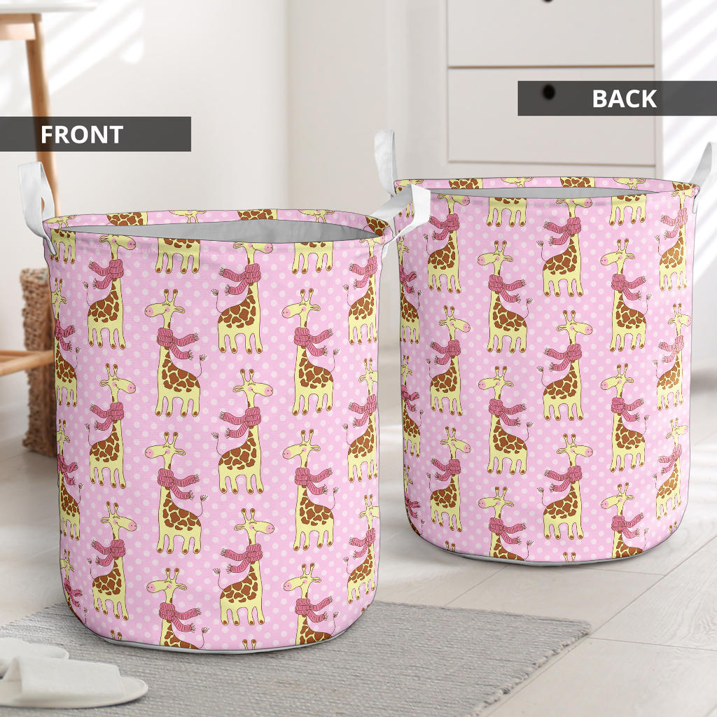 Giraffe Cute Pink Polka Dot Print Laundry Basket