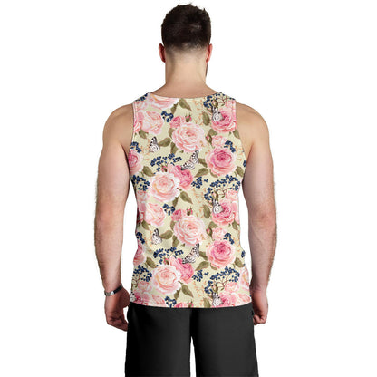 Floral Pink Butterfly Print Men Tank Top