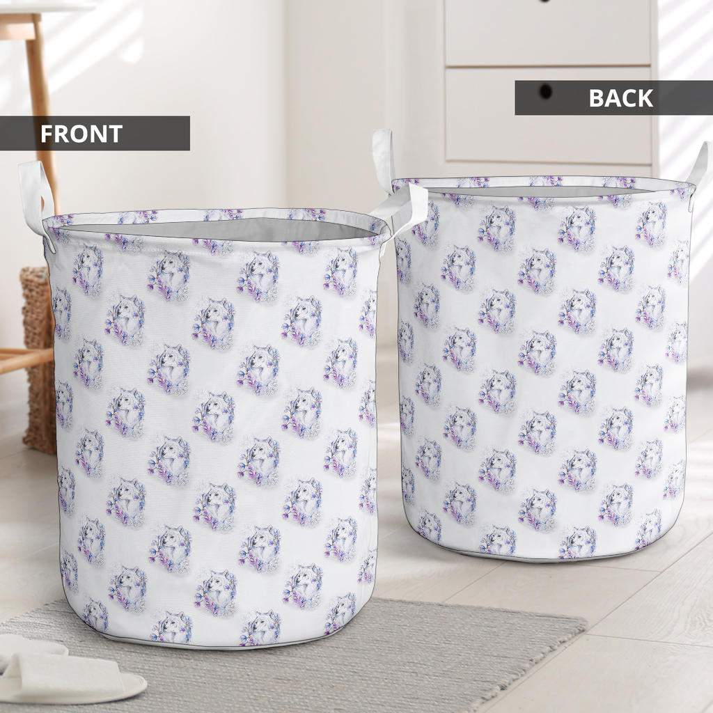 Wolf with Flower Print Design Laundry Basket