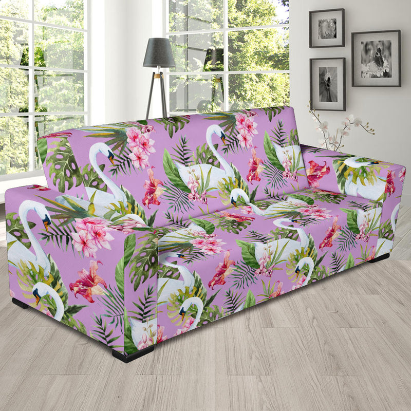 Swan with Flower Pattern Print Design 01 Sofa Slipcover