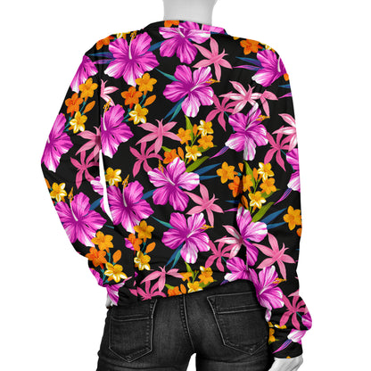Tropical Folower Pink Hibiscus Print Women Long Sleeve Sweatshirt