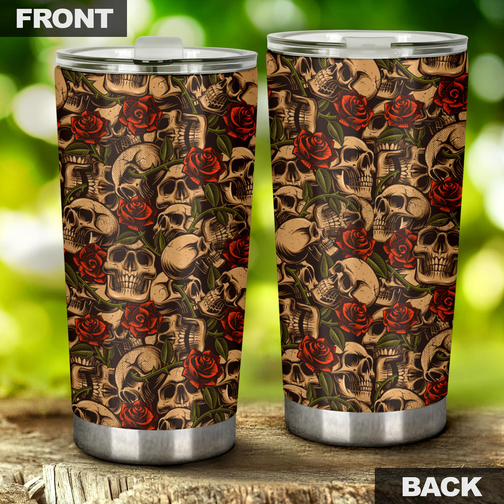 Skull Roses Vintage Design Themed Print Tumbler