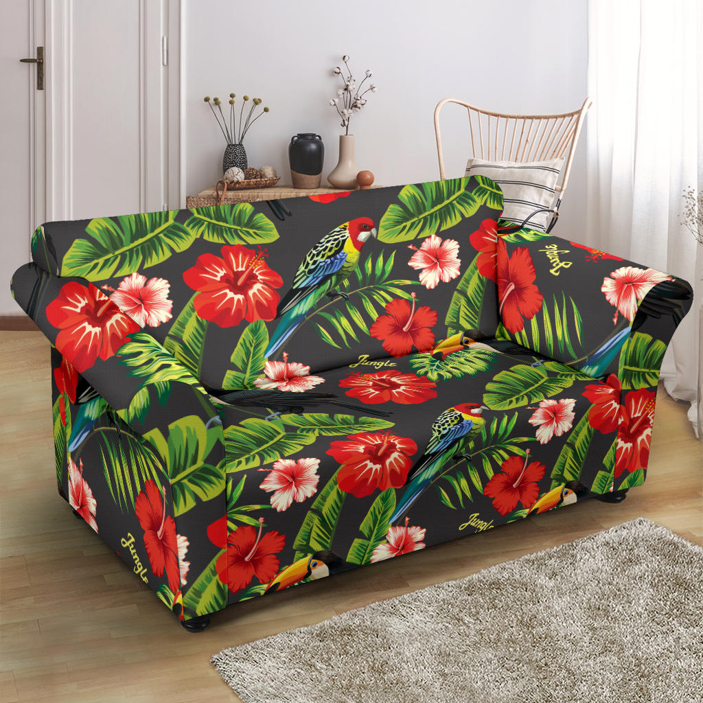 Hibiscus Red With Parrotprint Design LKS303 Loveseat Couch Slipcover