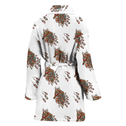 Aztec Wolf Pattern Print Design 02 Women Bathrobe