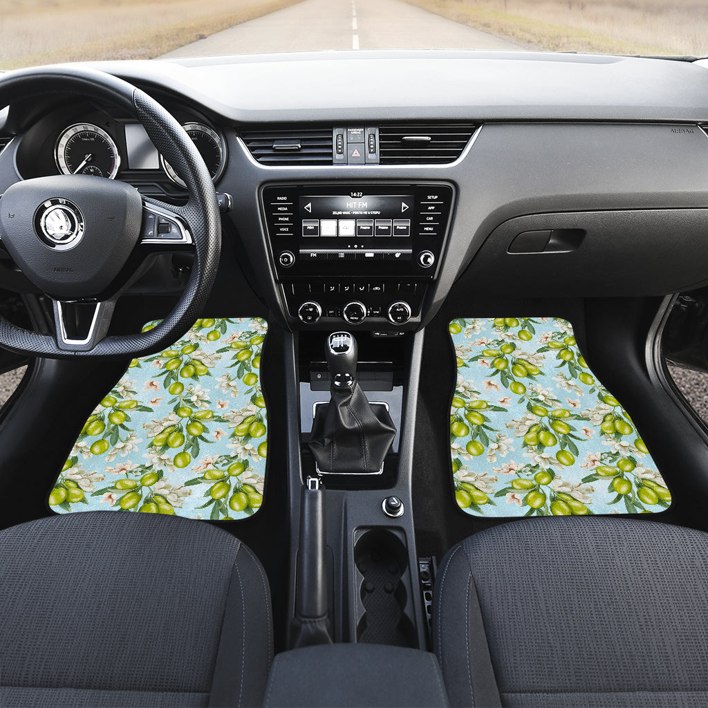 Elegant Olive Floral Print Car Floor Mats Front Back