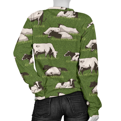 Cow on Grass Print Pattern Women Long Sleeve Sweatshirt