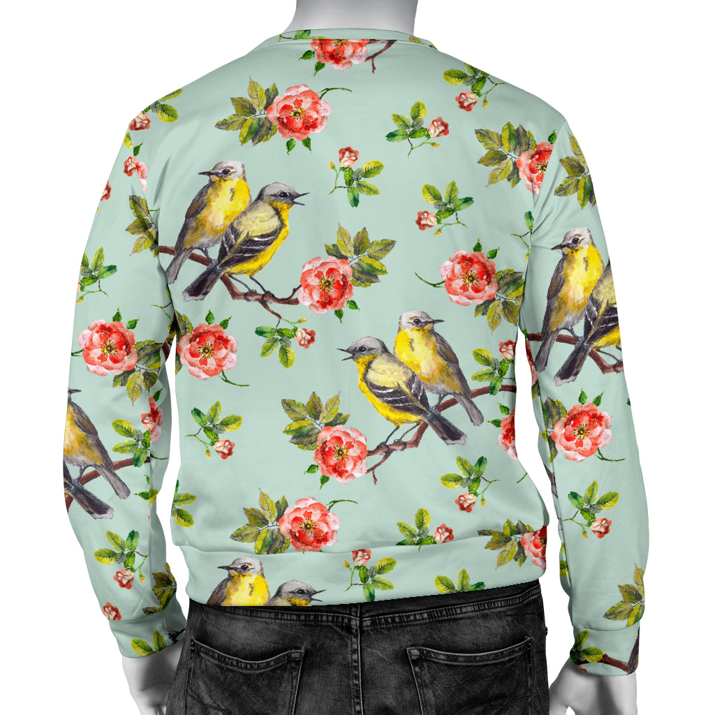 Bird with Red Flower Print Pattern Men Long Sleeve Sweatshirt