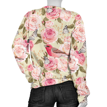 Bird Butterfly Pink Flower Print Pattern Women Long Sleeve Sweatshirt