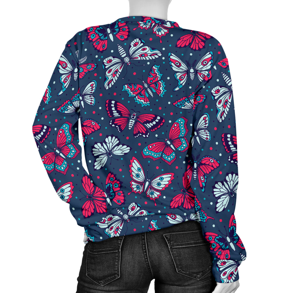 Butterfly Red Deep Blue Print Pattern Women Long Sleeve Sweatshirt
